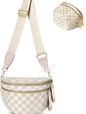 Checkered Crossbody Bum Bags for Women-Beige Checkered